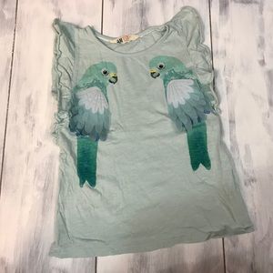h&m • aqua minty green parakeet appliqué tee 6-8y